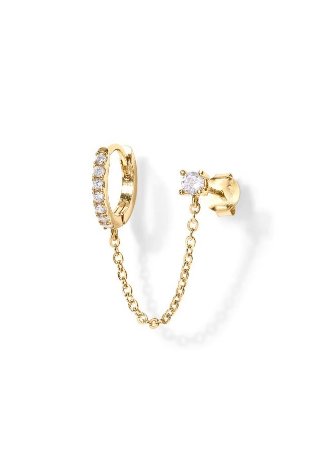 Ucanbe 14K Gold Chain Earrings for Women – Double Piercing Dangle Chain Huggie Hoop with CZ Pearl Stud Ear Cuff - Image 5